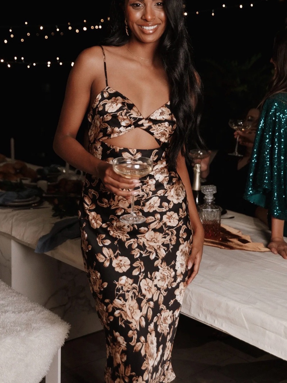 Petal + Pup Black Floral Slip Dress with Beige Bloom Print